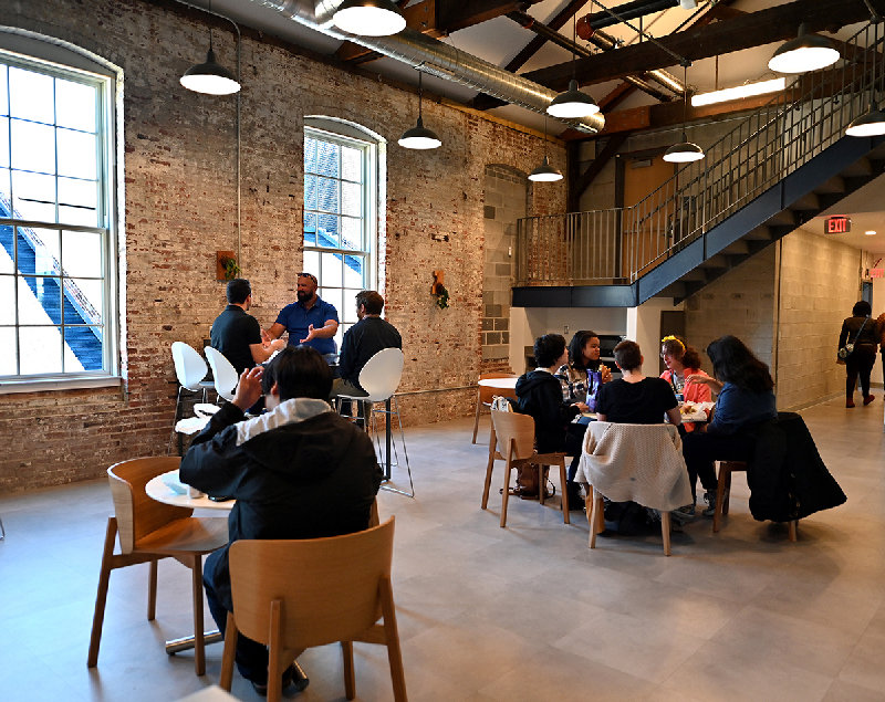 A communal space within the revitalized Hoen Lithograph building